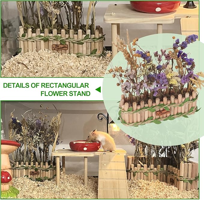 Hamster Cage Sprays Flower Foraging Holder - Natural Wood Feeding Stand, Small Pet Habitat Accessories for Hamsters Mouse Guinea Pig Dwarf Gerbils Syrian Mice (Rectangle Shape)