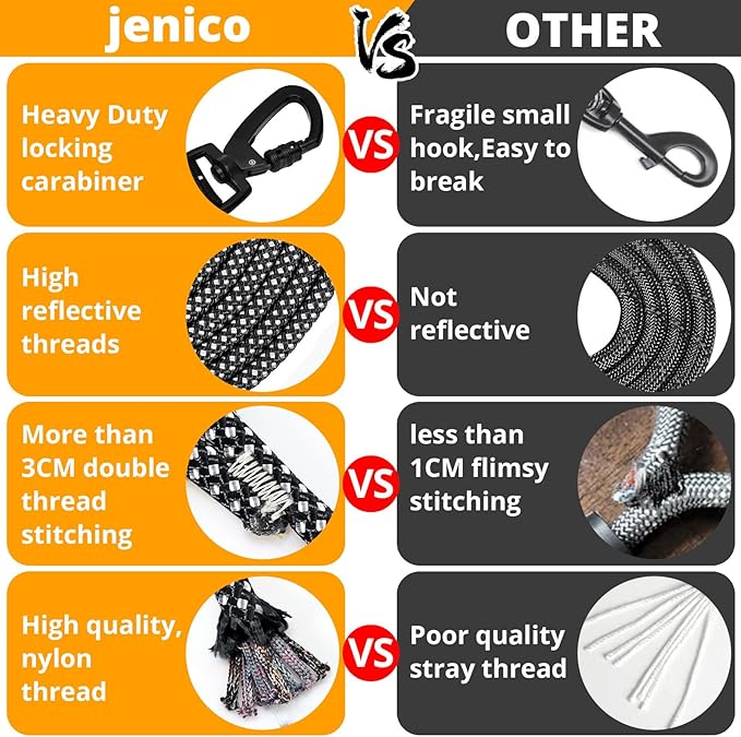 jenico Long Dog Leash 30FT: Heavy Duty Rope Leashes for Dogs Training with Swivel Lockable Hook Reflective Threads Bungee and Padded Handle - Dog Lead for Large Small Medium Dogs Outside