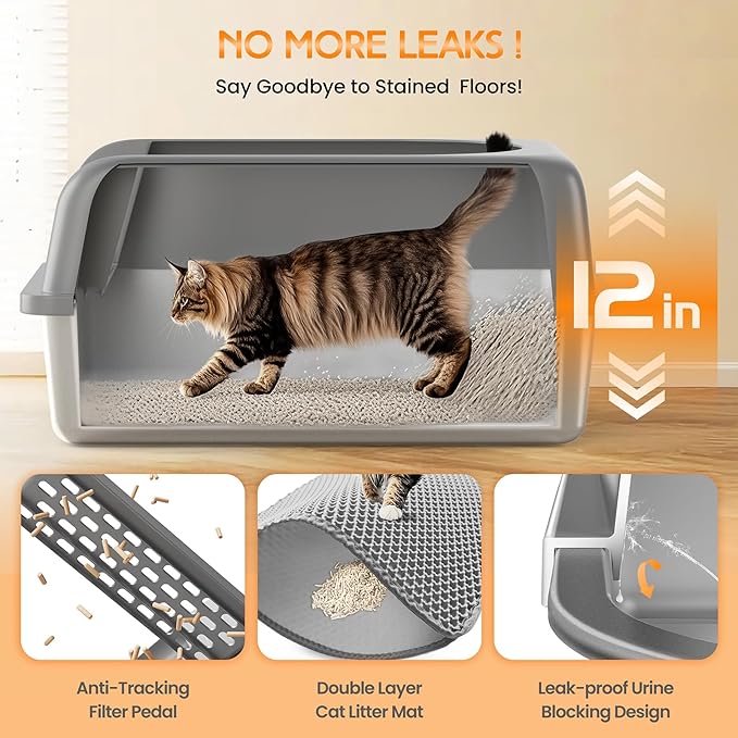 Stainless Steel Cat Litter Box with Lid, Cat Metal Litter Box with High Sides, 24"L x 16"W x 12"H, Extra Large Enclosed Litter Pan, Grey, 2PC (Non-Sticky, Easy to Clean, Anti-Urine Leakage)