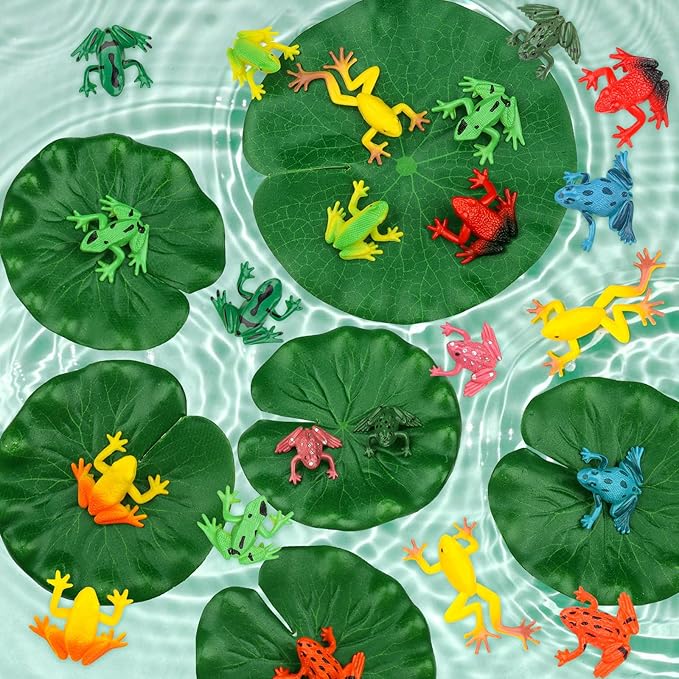 24 Pieces Mini Plastic Frog Toys and Artificial Lily Pads, Include Colorful Realistic Frogs Rainforest Animals Figures Character Toys and Floating Foam Leaves for Pool Decor Party Favor