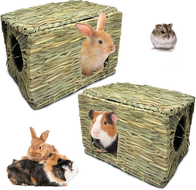 Hamiledyi 2 Pack Large Rabbit Grass House Hand Woven Natural Bunny Hut Foldable Play Bed Safe Cozy Hideaway Hay Mat Chew Toys for Hamster Guinea Pig Chinchilla Gerbil Ferret