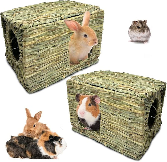 Hamiledyi 2 Pack Large Rabbit Grass House Hand Woven Natural Bunny Hut Foldable Play Bed Safe Cozy Hideaway Hay Mat Chew Toys for Hamster Guinea Pig Chinchilla Gerbil Ferret