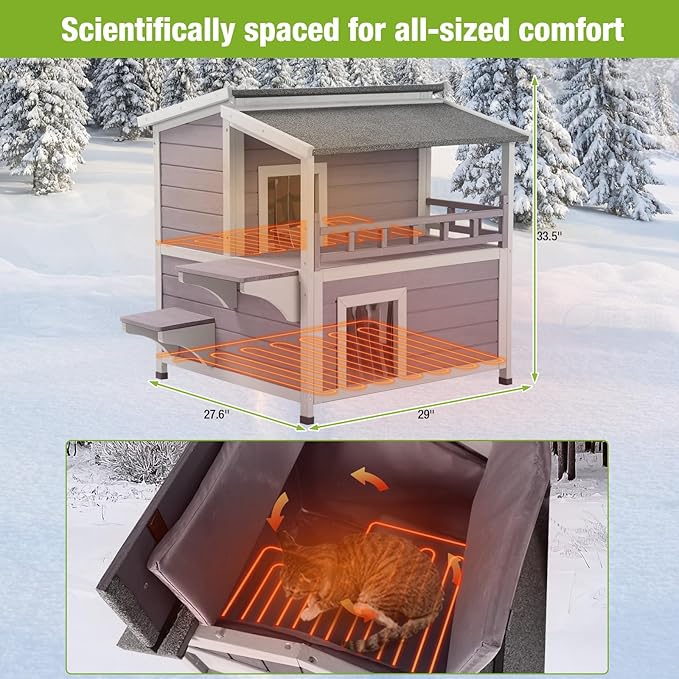 GUTINNEEN Heated Cat House for Outside, 2-Story Wooden Cat House Weatherproof for Winter Outdoor Feral Cat Shelter with Heater and Insulated Liner