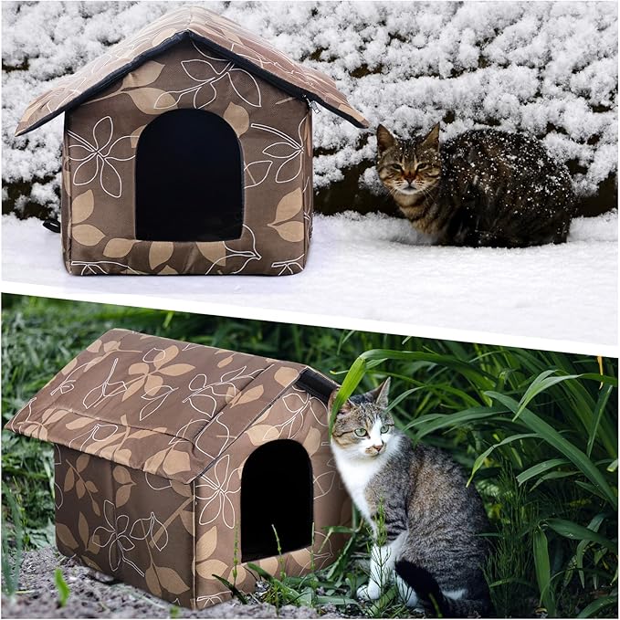 Soaoo 3 Pcs Cat Houses for Outdoor Stray Cats Shelter Weatherproof Outside House Indoor Foldable Pet Cave with Tent Stakes for Wild Animal Dogs(Leaves Style)