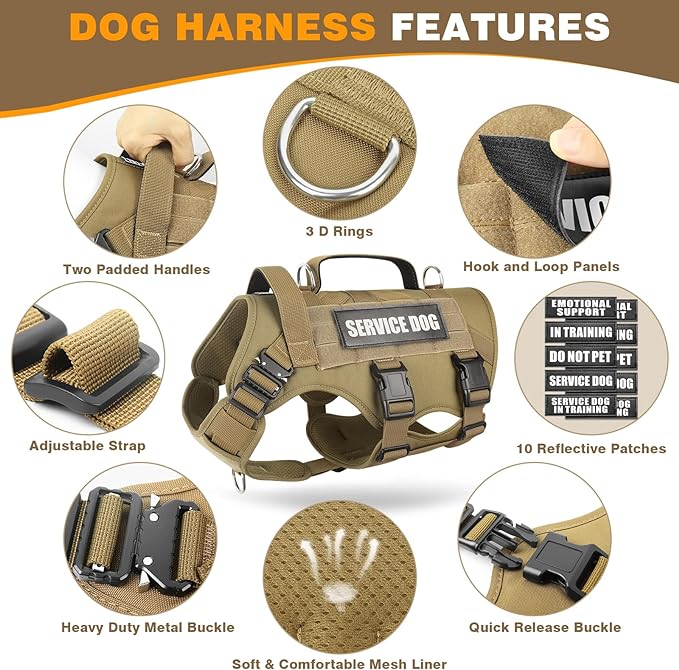 WINSEE Tactical Dog Harness with Dog Leash, Dog Collar, Service Working MOLLE Vest with 10 Pet Patches for Large Dog, No Pull Military Harness and Backpack with Airtag Holdler