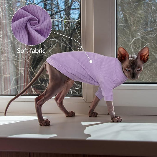 PUMYPOREITY Stretchy Cat Shirt, Sweater With Sleeves, Soft Clothes for Sphynx Hairless Cats, Devon Rex - Purple, L
