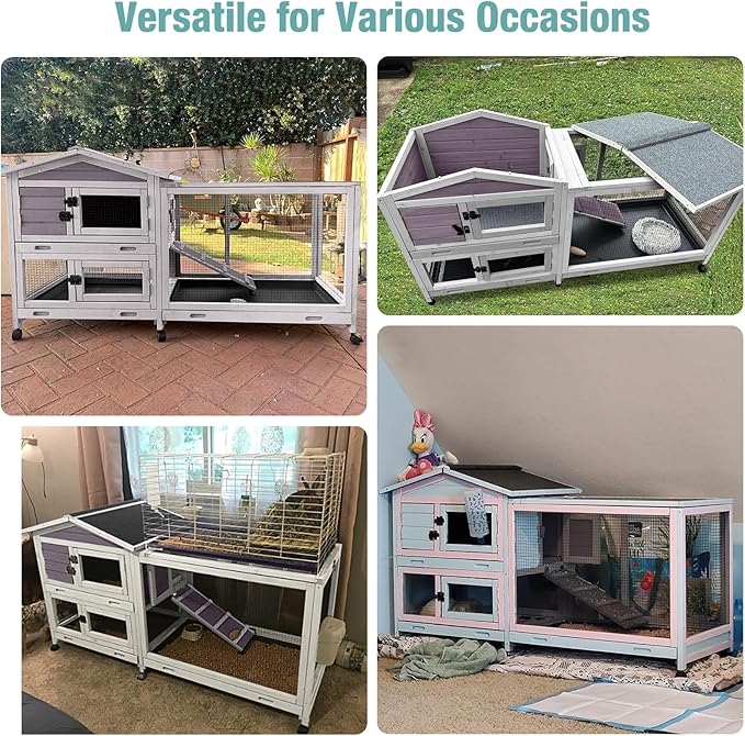 Indoor Rabbit Hutch with Pull-Out Tray, Weatherproof Rabbit Cage for Outdoor/Indoor Use, Bunny Hutch Chicken Coop with Run (Grey)