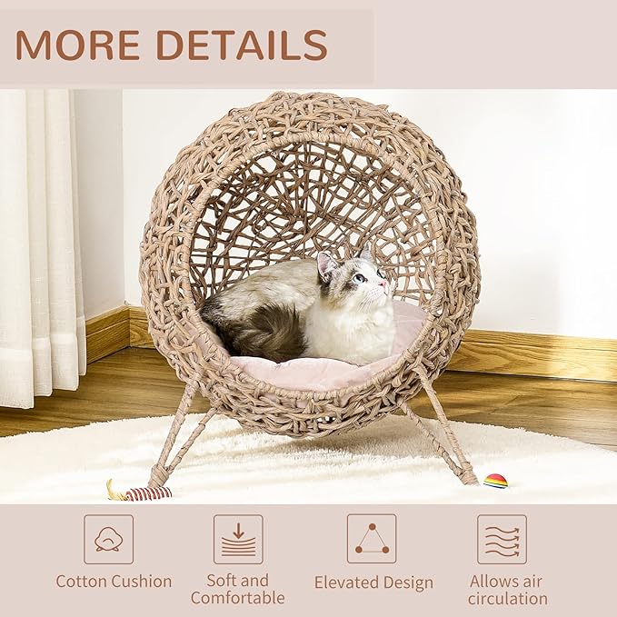 PawHut 20.5" Weaved Cat Bed, Elevated Hand-Woven Braided Banana Leaf Kitten House Condo with Cushion, Beige