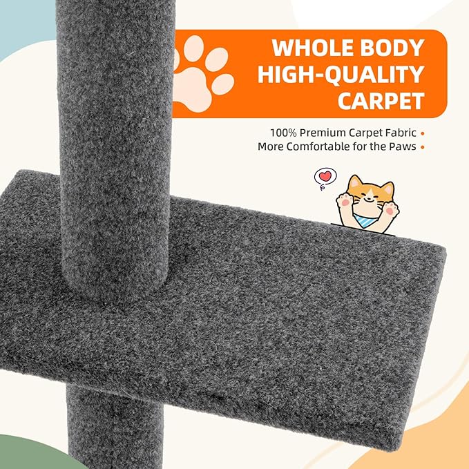 Cat Tree Floor to Ceiling Cat Tower 5-Tier Carpet Kitten Tree Cat Climbing Tower with Adjustable Height 98"-108", Tall Cat Trees with Platforms and Dangling Balls for Indoor Cats, Medium Grey