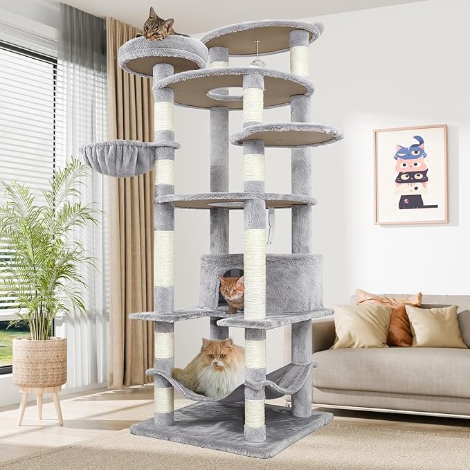 78.8" Large Cat Tree Tower for Indoor Kitties, Multi-Level Furniture Activity Center for Tall Cat Condo with Cozy Perches,Sisal Scratching Posts,Hammock and Basket (78.8 inch Light Gray)