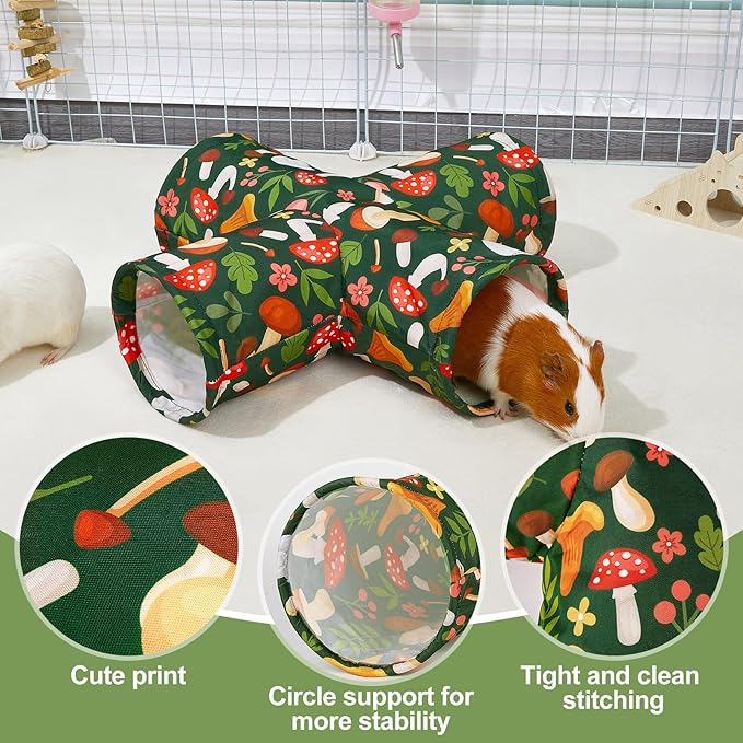 Bienbee Guinea Pig Tunnel, 4 Way Washable Guinea Pig Hideout,Foldable Rabbit Tunnel Guinea Pigs Toys for Bunny Hamster Chinchilla Ferret Rabbit Guinea Pigs Accessories Mushroom