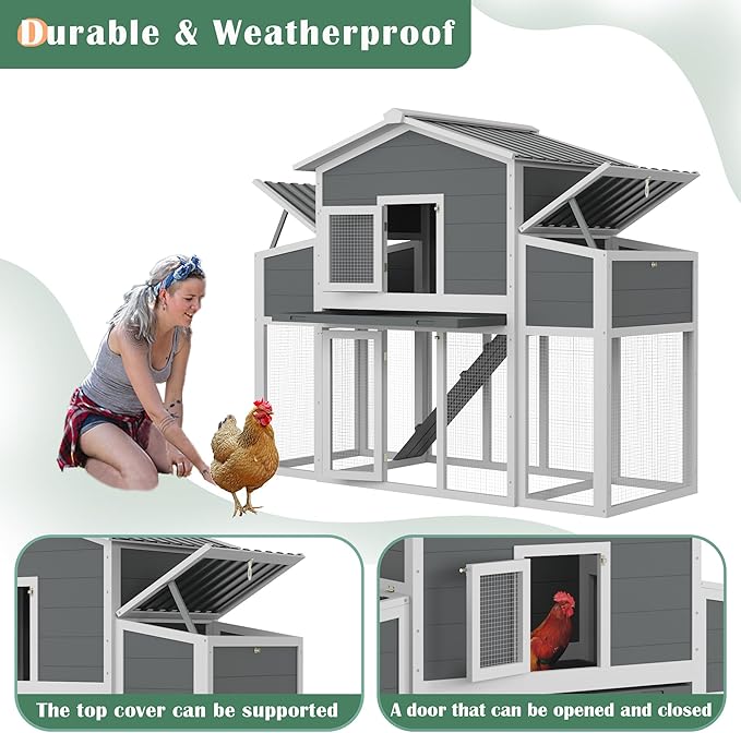 Wooden Chicken Coop for 2-6 Chickens, Outdoor Chicken House with Run & 2 Nest Boxes, Outside Hen House Poultry House Pet Hutch Chicken Cage with Waterproof Roof & Ramp, (66''LX32''WX53''H)