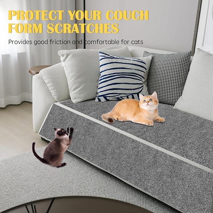 Self-Adhesive Cat Scratch Mat Trimmable Cat Scratching Post Carpet 39in Durable Carpet Mat Pad Replacement for Cat Tree Shelves Post Couch, Furniture, Walls & Doors DIY Cat Climbing Mat (Light Gray)