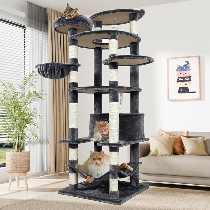 78.8" Large Cat Tree Tower for Indoor Kitties, Multi-Level Furniture Activity Center for Tall Cat Condo with Cozy Perches,Sisal Scratching Posts,Hammock and Basket (78.8 inch Dark Gray)