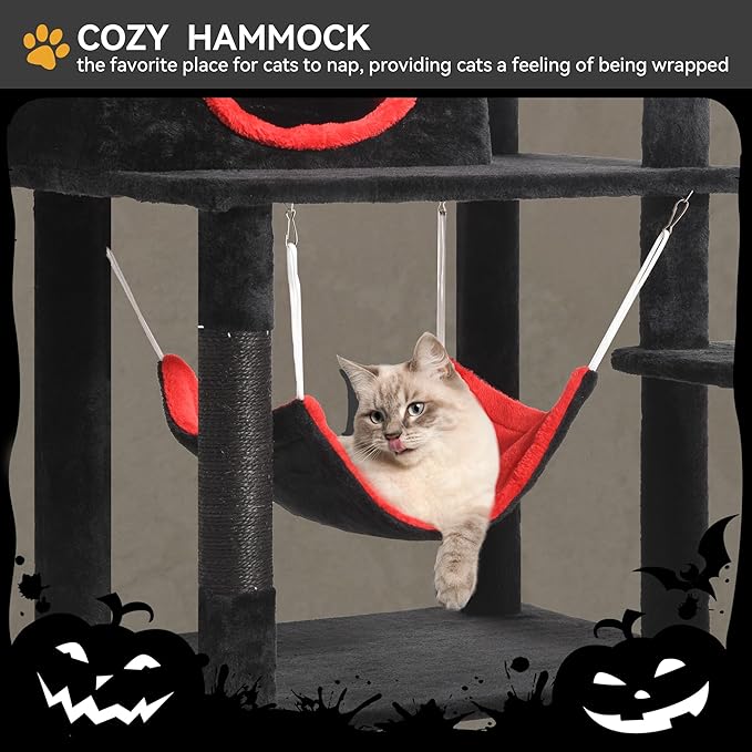 YITAHOME Gothic Cat Tree with Coffin Bed, 63" Tall Cat Tower for Indoor Cats with Top Perch, Spacious Cat Condos, Spider Hanging Balls,Comfy Hammock, Scratching Post and Ladder, Black Halloween