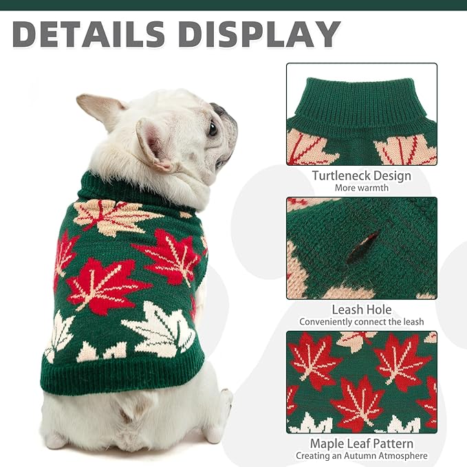 KOOLTAIL Fall Dog Sweater, Thanksgiving Dog Sweater with Autumn Maple Leaf Pattern, Cold Weather Pet Knitted Winter Coats Clothes Turtleneck Pullover for Small Medium Large Dogs Cat Boy Girl, Green XL