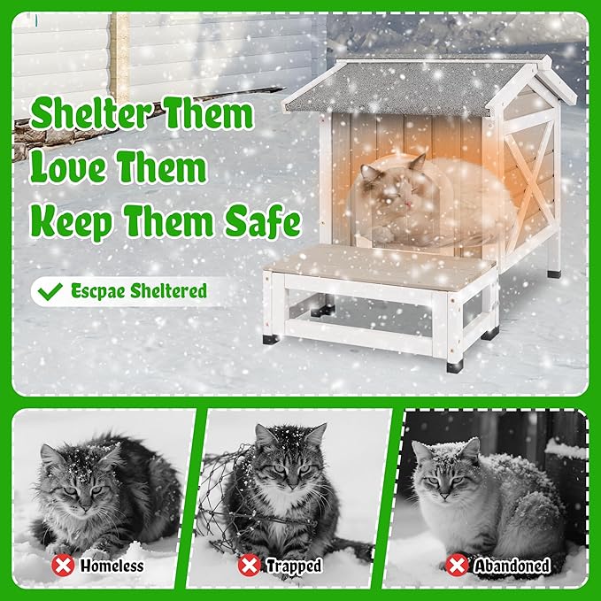 Insulated Outdoor Cat House Weatherproof Feral Cat Shelter for Winter Outside Cat Houses for 1-2 Cats Indoor Pets Condo with Waterproof Roof & Escape Door, 6.3" Raised Base & Balcony