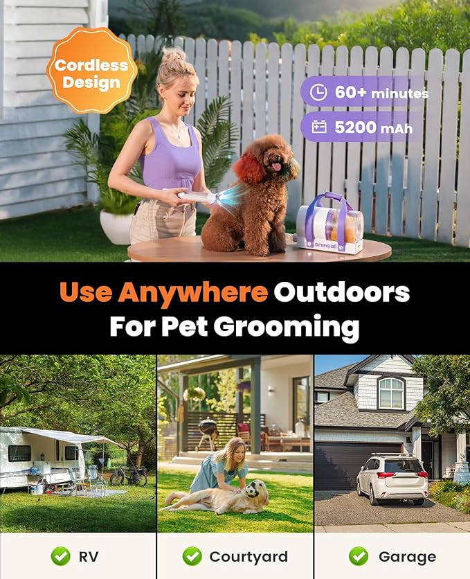 oneisall Cordless Low Noise Dog Grooming Vacuum,5200 mAh Dog Grooming Kit with Clippers,Nail Grinder,Trimmer,2L Dustbin for Shedding with Grooming Tools-Quiet Suitable for All Breeds,Comfy C1
