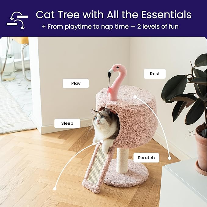 Catry Flamingo 2-Level 29" Cat Tree for Small Cats & Kittens with Replaceable Posts, Sisal Scratching Ramp, Pink Flamingo Designed Cute Condo with Toy, Pink