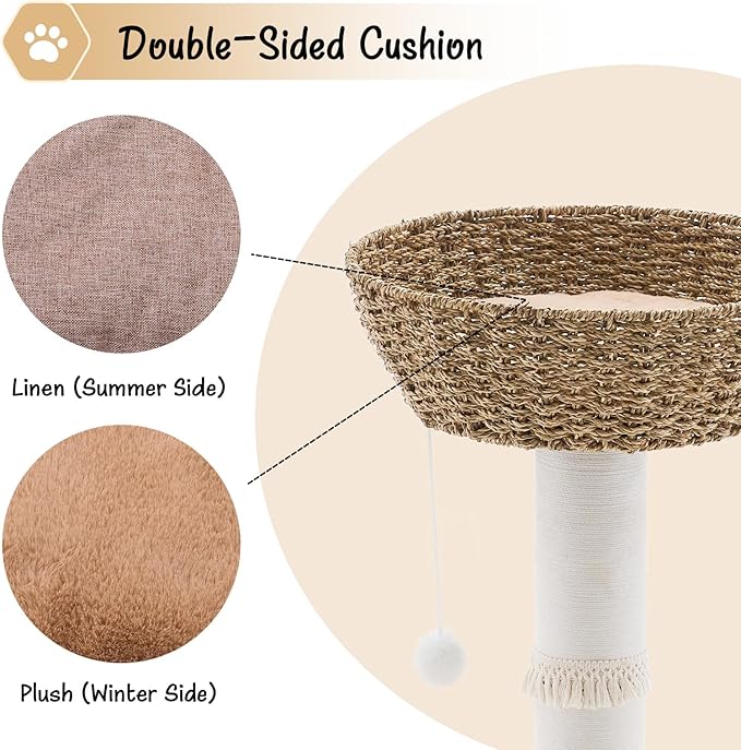 Cat Tree Tower, Natural Material Cat Condo with Handwoven Nest Basket Bed, Cotton Scratching Post, Funny Hanging Toy Ball, 2 Sides Cushion Top Perch, Seagrass