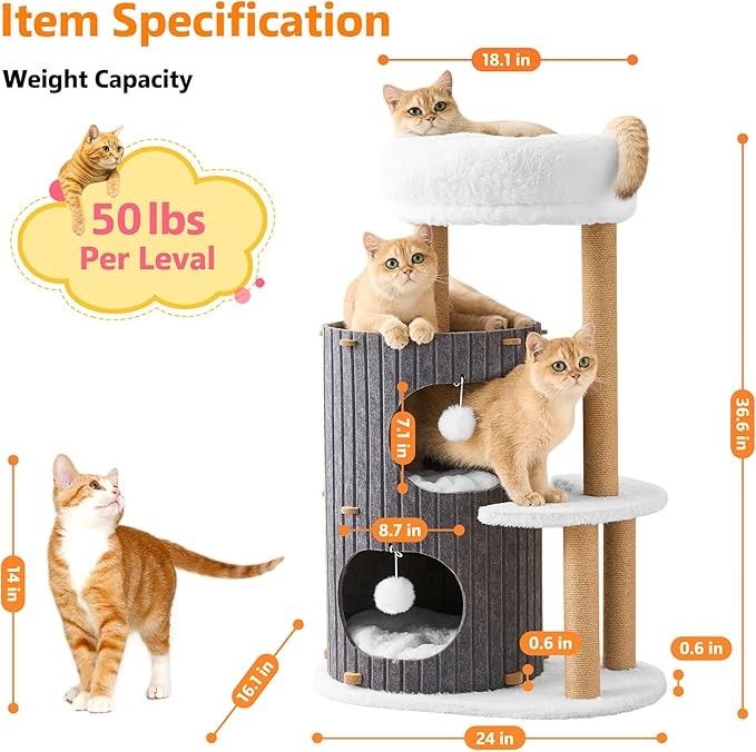Modern Cat Tree for Indoor Cats Large Adult, 36in H Cat Condo Tower with Scratching Posts, Cozy Cat Bed Cave, Washable Cushions, Dangling Balls, Play&Nap Cat House for All Breeds of Cats, Gray