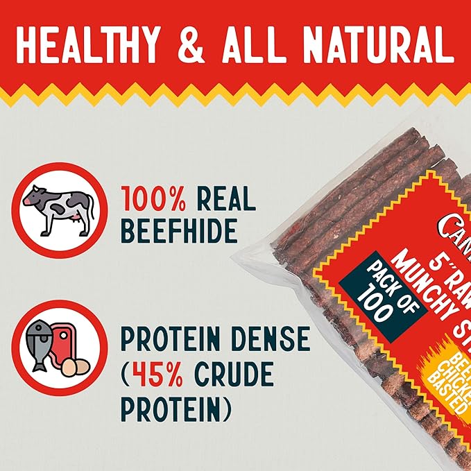 Canine Chews 5" Munchy Rawhide Sticks for Small Dogs Munchy Dog Treat Sticks 100 Pack (Beef & Chicken)