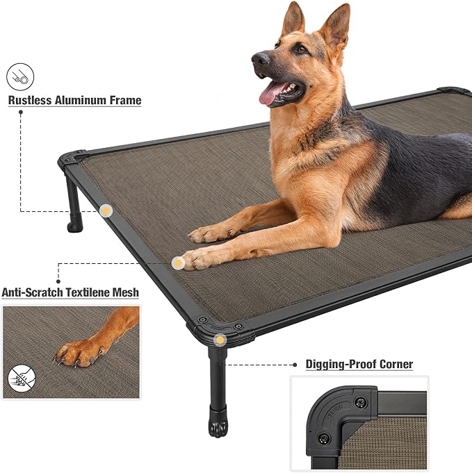 Veehoo Chew Proof Elevated Dog Bed - Cooling Raised Pet Cot - Rustless Aluminum Frame and Durable Teslin Mesh, Unique Designed No-Slip Feet for Indoor or Outdoor Use, Brown, XX-Large, CWC2002