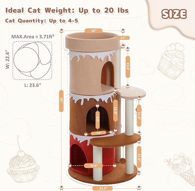 PETEPELA 43'' Cat Tree for Indoor Large Cats, Cat Bed House with 3 Large Cat Condos and Sisal Covered Scratching Posts for Kittens,Browm