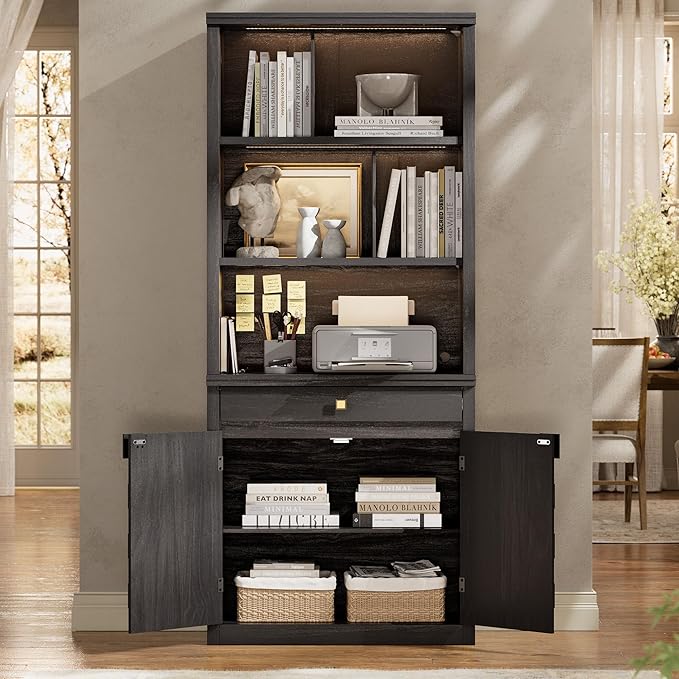 Fluted Bookcase with LED Light, 72.2" Tall Freestanding Bookshelf with Drawer and Doors, Modern Storage Book Case with 3-Tier Open Shelves for Home Office, Living Room, Bedroom (1, Black Oak)