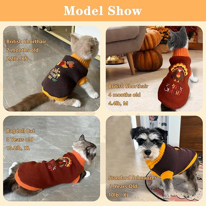Vehomy 2Pcs Thanksgiving Dog & Cat Sweaters - Pumpkin & Turkey Turtleneck Knitwear Shirts for Small & Medium Dogs & Cats