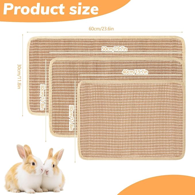 3 PCS Rabbit Scratching Mat, Natural Sisal Bunny Scratch Mat, Guinea Pig Bed Pad, Claws and Teeth Care Rabbit Chew Toys