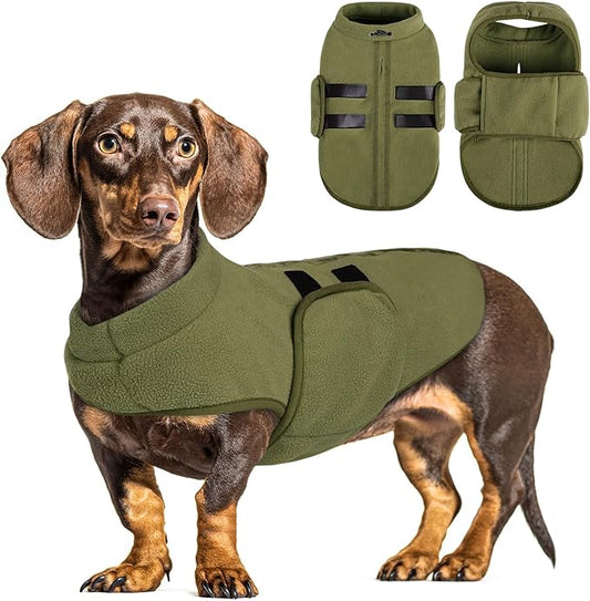 Queenmore Small Dog Sweaters, Soft Fleece Vest Pullover Dog Jacket with Leash Hole, Warm Winter Dogs Clothes Cold Weather Doggy Dachshund Sweater for Small Doggy Cats Boy or Girl (Army Green, S)