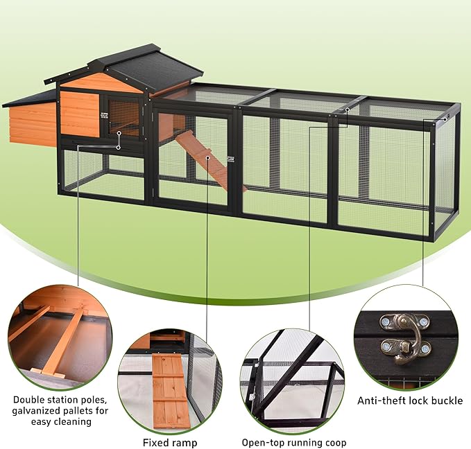 106”Solid Wood Chicken Coop for 3-4 Chickens,Outdoor Hen House Poultry Pet Hutch with Run Cage and Nesting Box,Waterproof Asphalt Roof Ramp,Removable Tray Wire Fence for Backyard