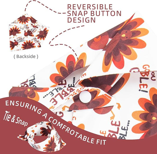 Dog Fall Bandanas Theme - Gobble Till You Wobble - Cute Turkey Printed Thanksgiving Holiday Pet Triangle Scarf with Snap Button, Medium and Large Breed, 30-75lbs