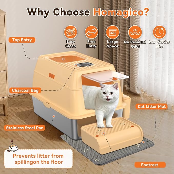 Stainless Steel Litter Box with Lid, Cat Litter Box Enclosure XL Odor-Proof with Litter Mat, Covered Litter Box Rust-Resistant Durable for Big Cat, Easy Clean 37L Capacity (Beige)