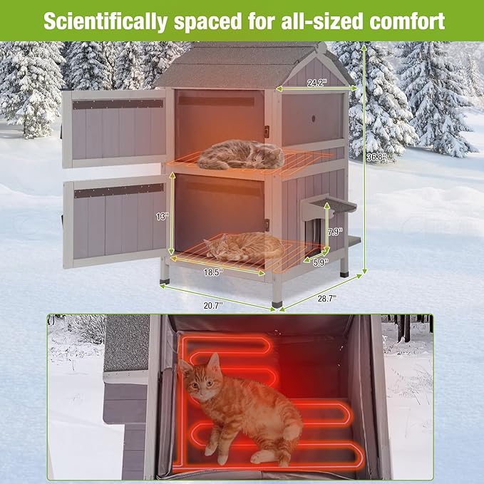 GUTINNEEN Heated Outdoor Cat House Two-Story Feral Cat Shelter for Multiple Cats Warming Condos with Heater and Insulated Liner