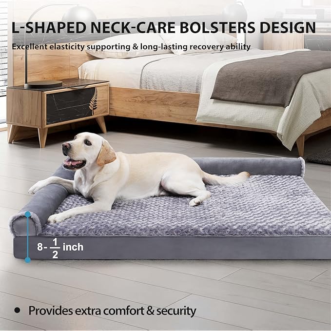 MIHIKK Orthopedic Dog Couch Bed Deluxe Plush L-Shaped with Waterproof Lining Bolster Dog Sleeping Sofa with Removable Washable Cover & Nonskid Bottom Pet Bed for Jumbo Dogs, Gray