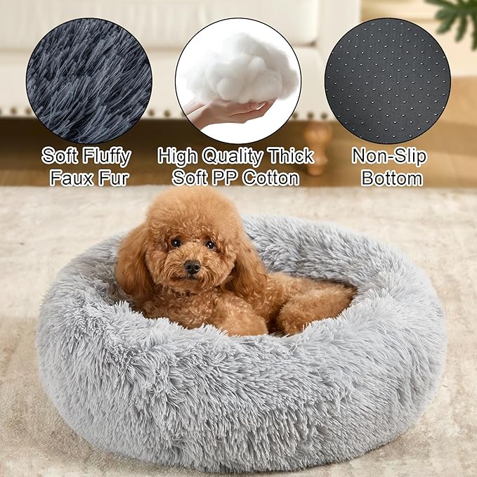 Dog Calming Beds for Small Medium Large Dogs - Round Donut Washable Puppy Dog Bed, Anti-Slip Faux Fur Fluffy Donut Cuddle Anxiety Cat Pet Bed(Light Grey 20")