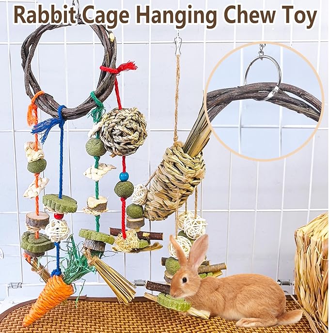 Rabbit Chew Toy, 2Pcs Bunny Cage Hanging Chew Toy & Treats,Natural Material Handwoven Chinchilla Rattan Ring Treats Toys for Guinea Pigs Hamsters Rats and Other Small Pets Teeth Grinding