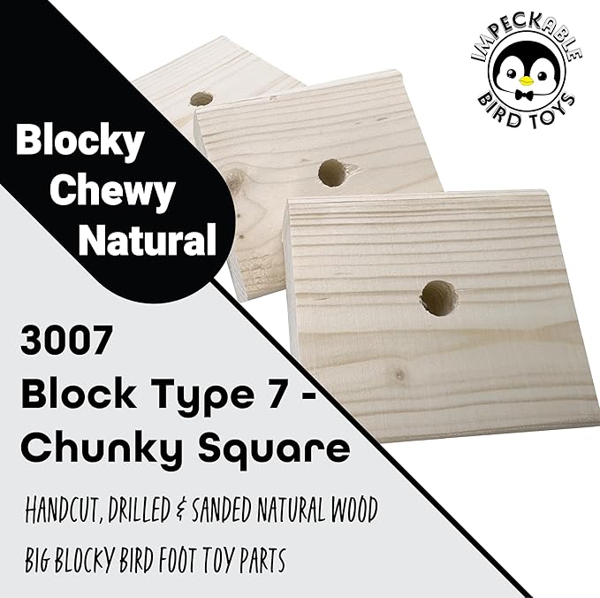 3007 Block Type 7 Chunky Square 3-Pack Wooden Parts for Parrot Cage Toys Cockatoos Macaws Conures Chew Bird Playground Foraging African Grey
