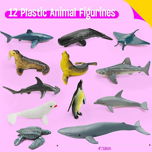 SpriteGru 12 Marine Animal Figurines for Kids, Plastic Animal Toys Tiny Portable Sea Creature Figures Playset Montessori Toy Educational Game for Homeschool Preschool Toddler Kids