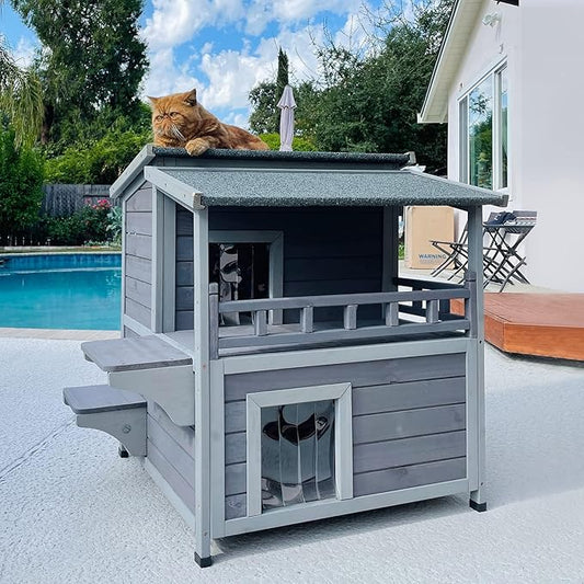 Aivituvin Outdoor Feral Cat House Wooden Kitty Shelter with Large Balcony,Escape Door,Waterproof