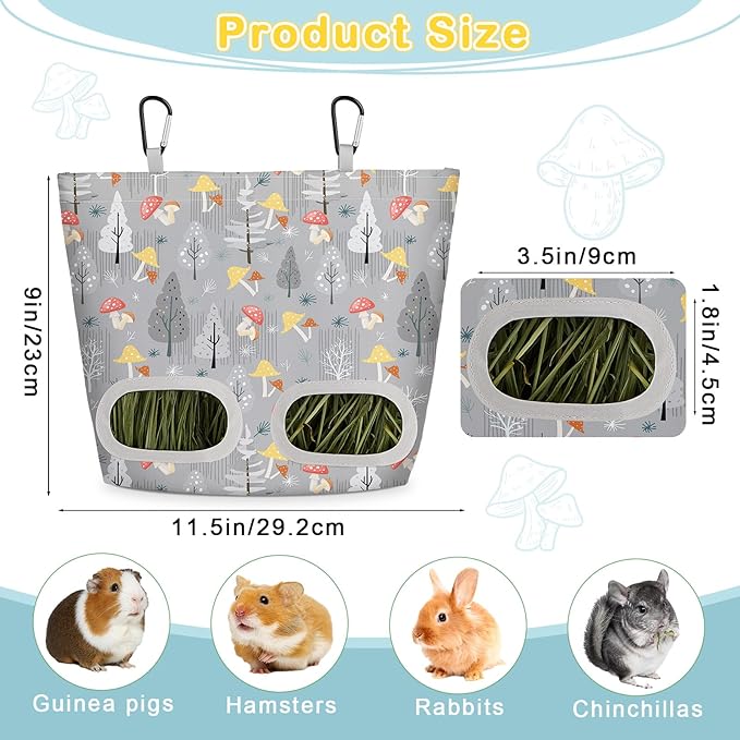 Glittme 2 Pack Guinea Pig Hay Feeder, 11.5x9 Inch Hay Bag for Rabbits, Hanging Hay Holder for Guinea Pigs Cage Hay Feeder for Bunny, Small Pets,Grey Mushroom
