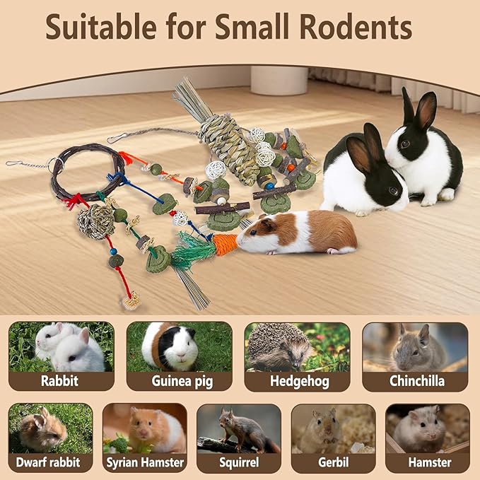 Rabbit Chew Toy, 2Pcs Bunny Cage Hanging Chew Toy & Treats,Natural Material Handwoven Chinchilla Rattan Ring Treats Toys for Guinea Pigs Hamsters Rats and Other Small Pets Teeth Grinding