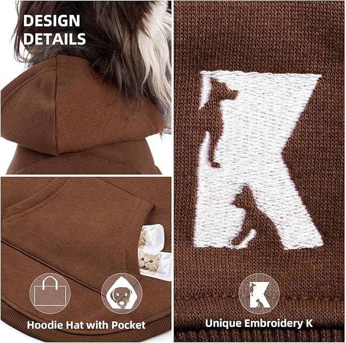 Koneseve Dog Hoodie & Cat Sweater, Warm Fleece Hooded Soft Winter Sweatshirt for All Breeds, Cozy Pet Clothes, Brown, 2XL