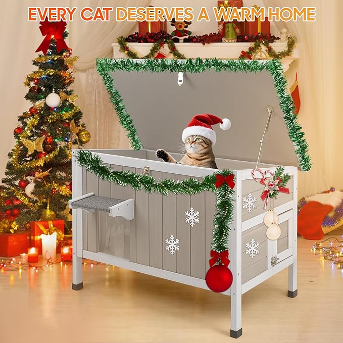 Insulated Cat House Outdoor Weatherproof Feral Cat Shelter for Winter, All-Round Foam Insulation Wooden Pet House for Small Animals with Escape Door,Openable Roof(34.5"L x 21.7"W x 25.6"H)