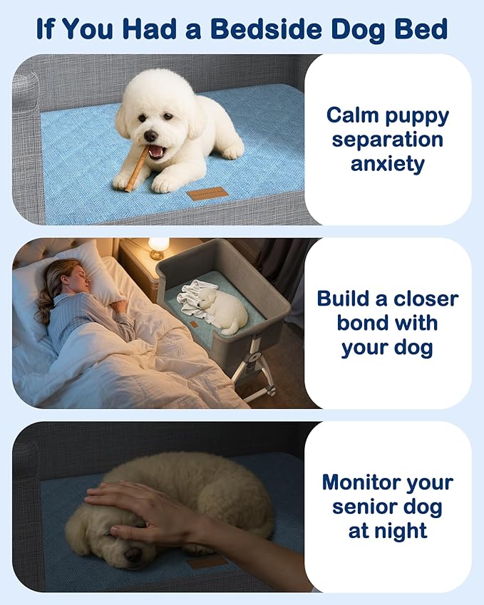 Bedside Dog Bed, 6-Height Adjustable Elevated Dog Bed for Small & Medium Puppy, Extension for Human Bed, Pet Bassinet with Removable & Washable Cover, Dogs Couch with Sides (30" L x 21" W)