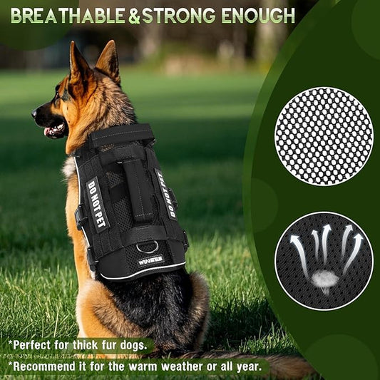 WINSEE Mesh Dog Harness with 10 Pet Patches for Large Service Dog in Training, Breathable Tactical Molle Vest with Double Handles, Reflective Military Pet Vest for Walking Hiking
