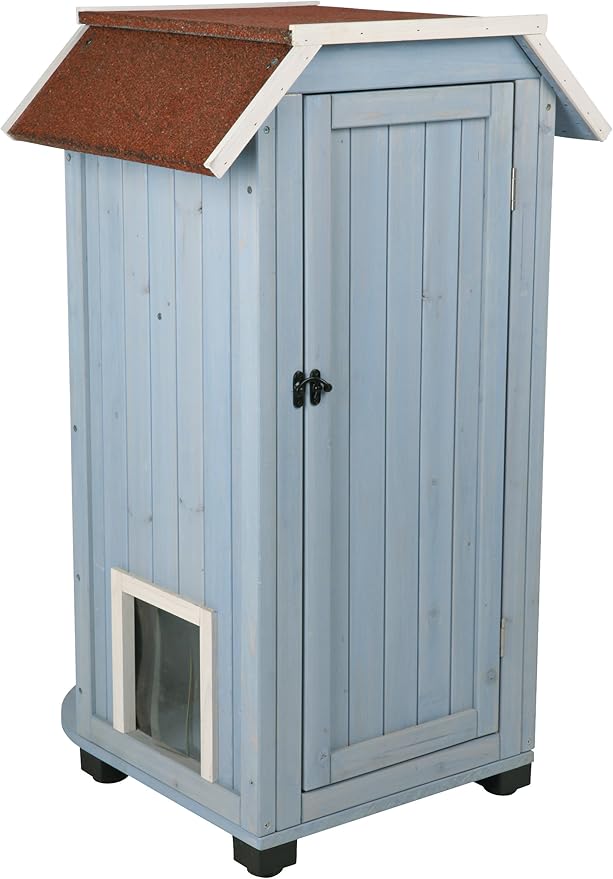 TRIXIE 'Cat's Home' Outdoor Cat House, Weatherproof 3-Story Cat House, Hinged Shutters with Latch & Perch, 2 Doors, Outdoor Shelter for Cats and Small Animals, Blue / White Pine Wood
