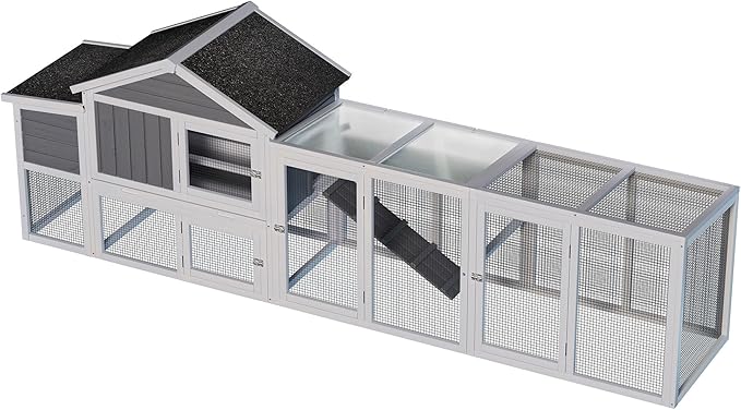 113.5" Gray Large Wooden Chicken Coop with Run – Outdoor Hen House for 2-4 Chickens, Waterproof & UV-Resistant Roof, Nesting Box with Hinged Lid, Sliding Door, Removable Tray, Secure & Easy-Clean